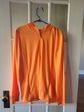 Running Orange Neon Hooded Lightweight Sweater Zip On GYM, Casual Size Large